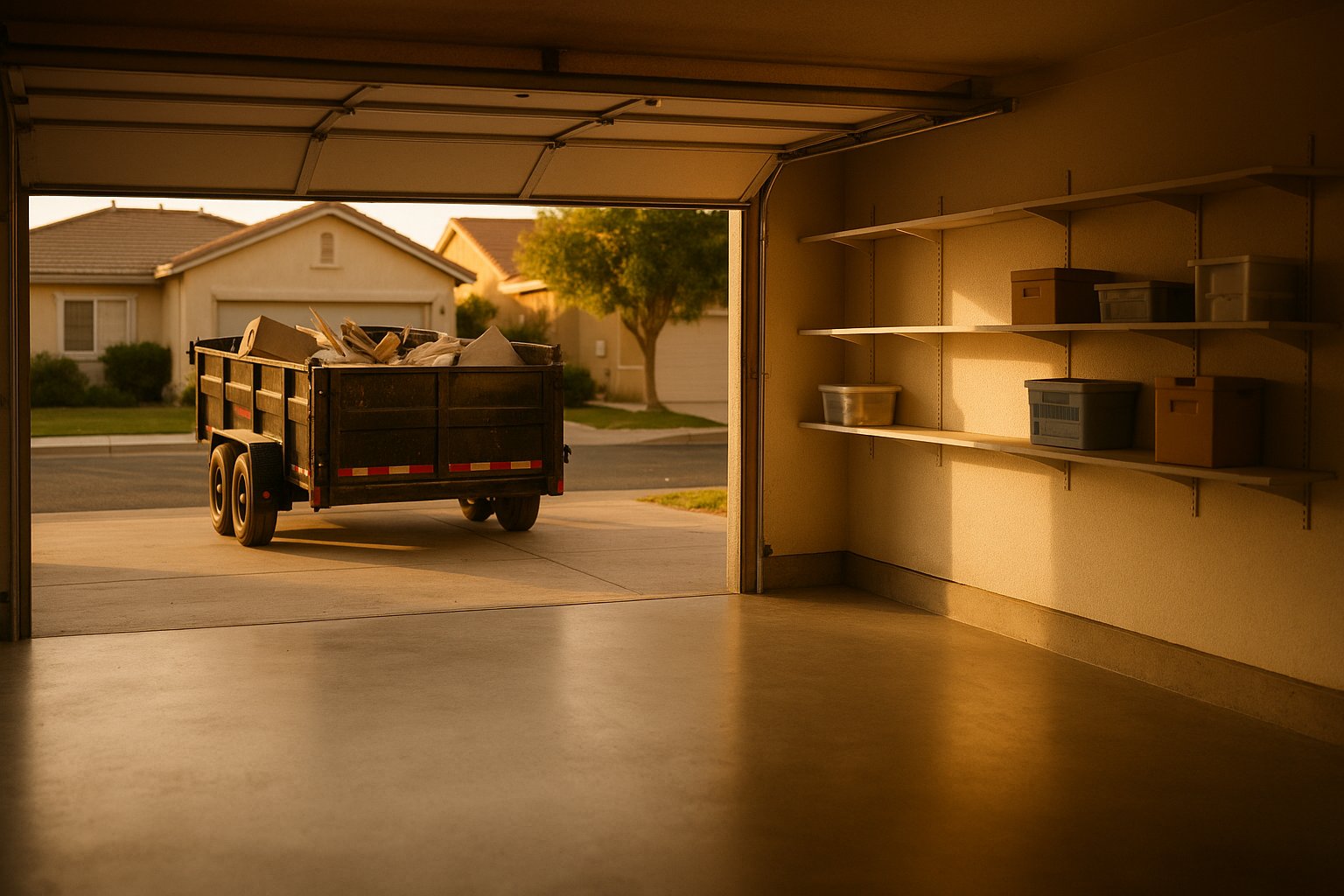 Freshly cleaned-out empty garage with a loaded dump trailer in the driveway β ClearOut Junk Removal