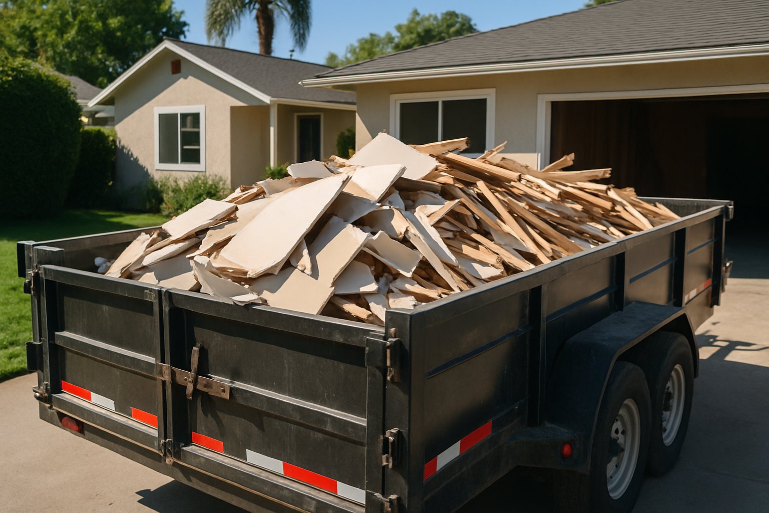 Construction debris, drywall pieces and wood scraps loaded in a heavy-duty trailer