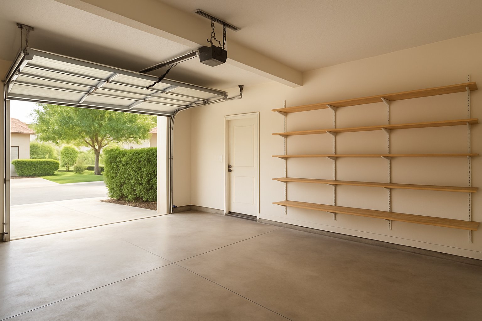 Clean, empty garage with freshly swept floor and tidy shelving after a cleanout