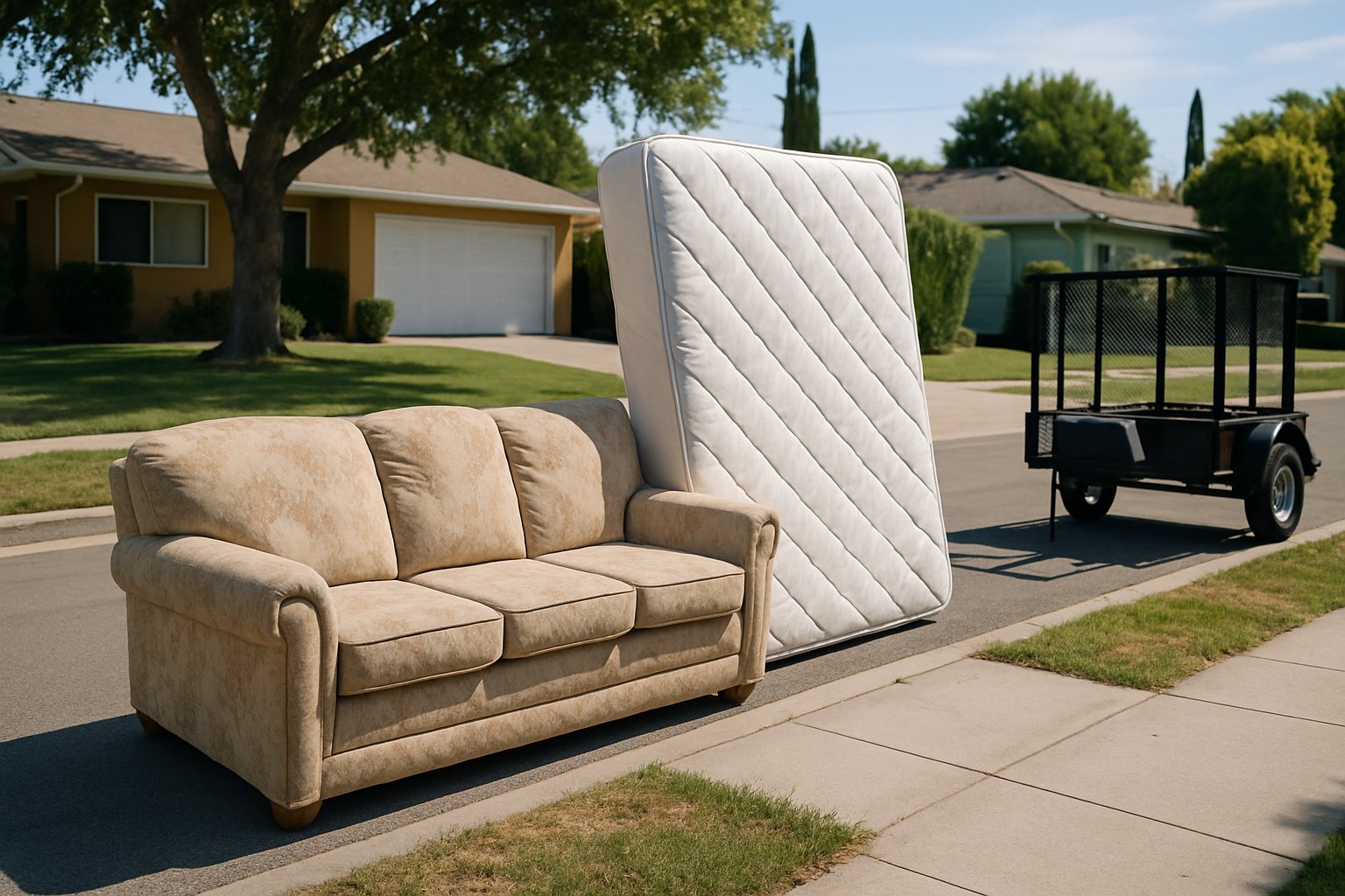 Old couch and mattress staged at the curb ready for pickup