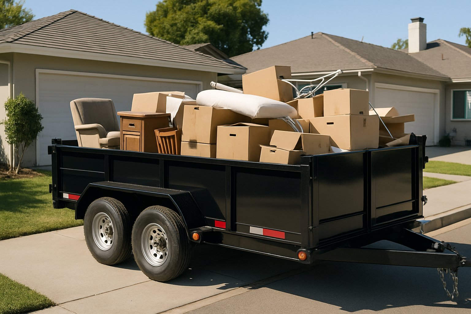 Dump trailer loaded with household junk, boxes and old furniture on a driveway