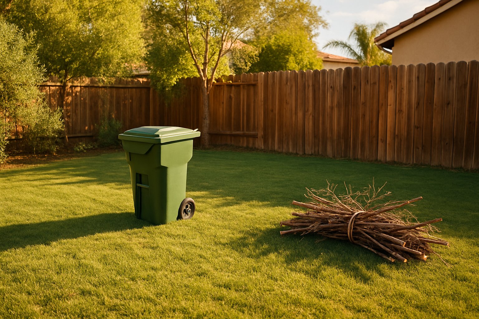 Backyard freshly cleared of branches and yard waste with a clean lawn